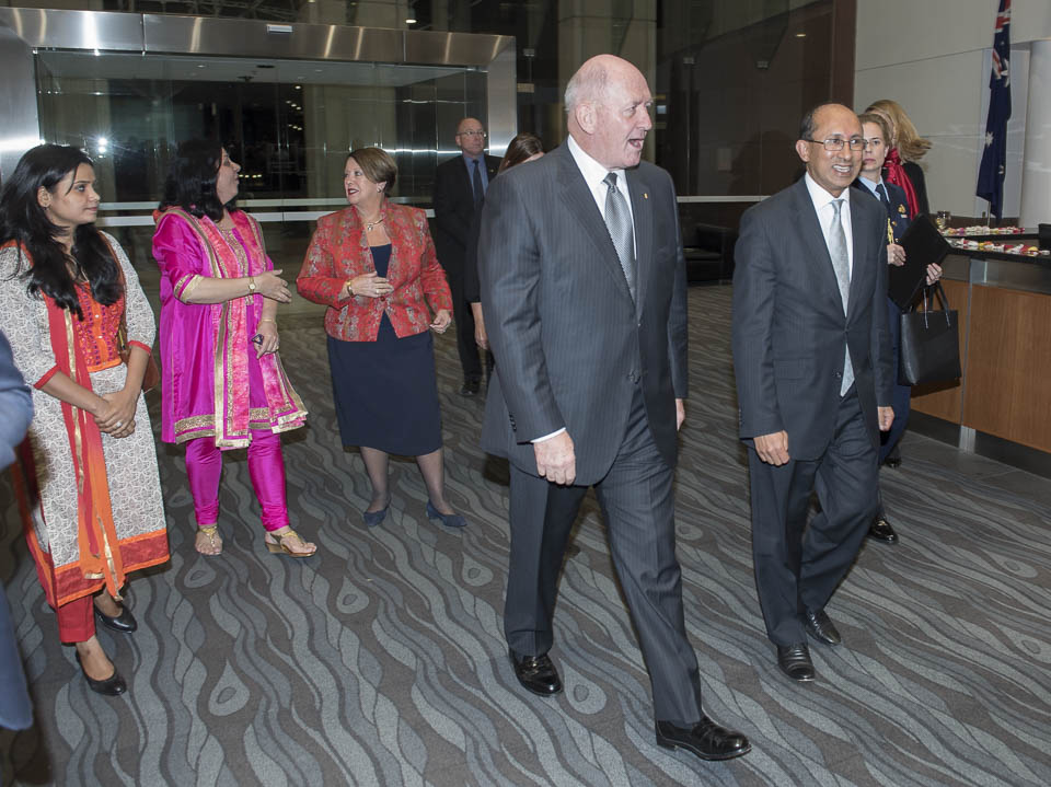 HE General the Hon Sir Peter Cosgrove, Mr Peter Varghese, HE Lady Cosgrove and Mrs Margaret Varghese arrive with Dr Kiran and Usha