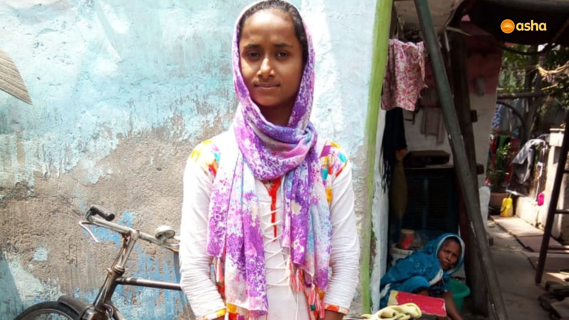 Mehjabeen in front of her shanty in Janta Camp (near Asha's Anna Nagar slum community)